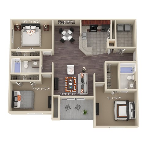 Floor plan for 3 beds, 2 baths, 1412 sqft